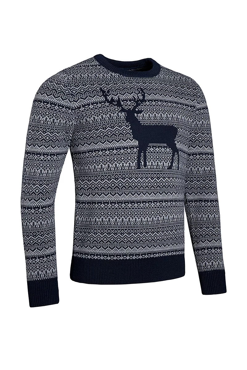 Mens Round Neck Fairisle Stag Merino Midweight Christmas Sweater Navy/Light Grey L
