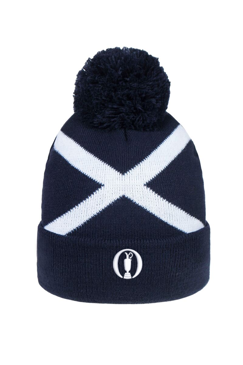 The Open Unisex Thermal Lined Saltire Golf Bobble Beanie Hat Navy/White One Size