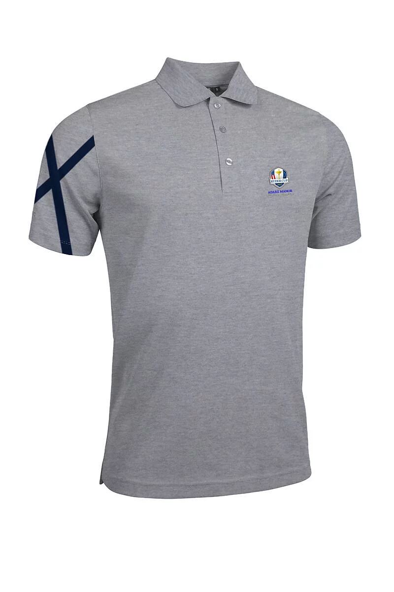 Official Ryder Cup 2027 Mens Saltire Performance Pique Golf Polo Shirt Light Grey Marl/Navy S