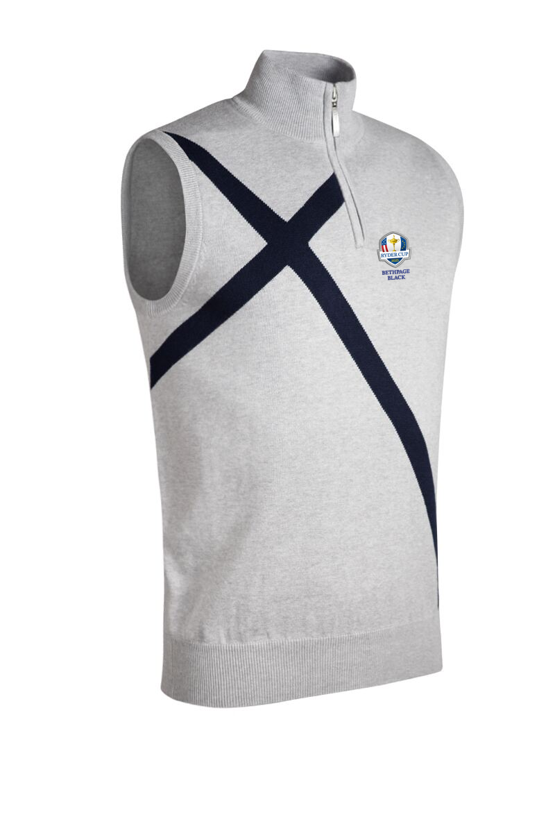 Official Ryder Cup 2025 Mens Quarter Zip Saltire Cross Cotton Golf Slipover Light Grey Marl/Navy XL