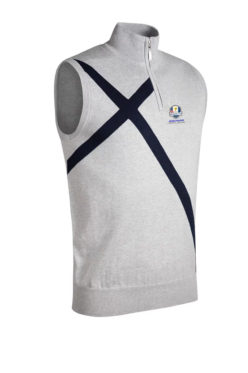 Official Ryder Cup 2027 Mens Quarter Zip Saltire Cross Cotton Lightweight Golf Slipover Light Grey Marl/Navy M