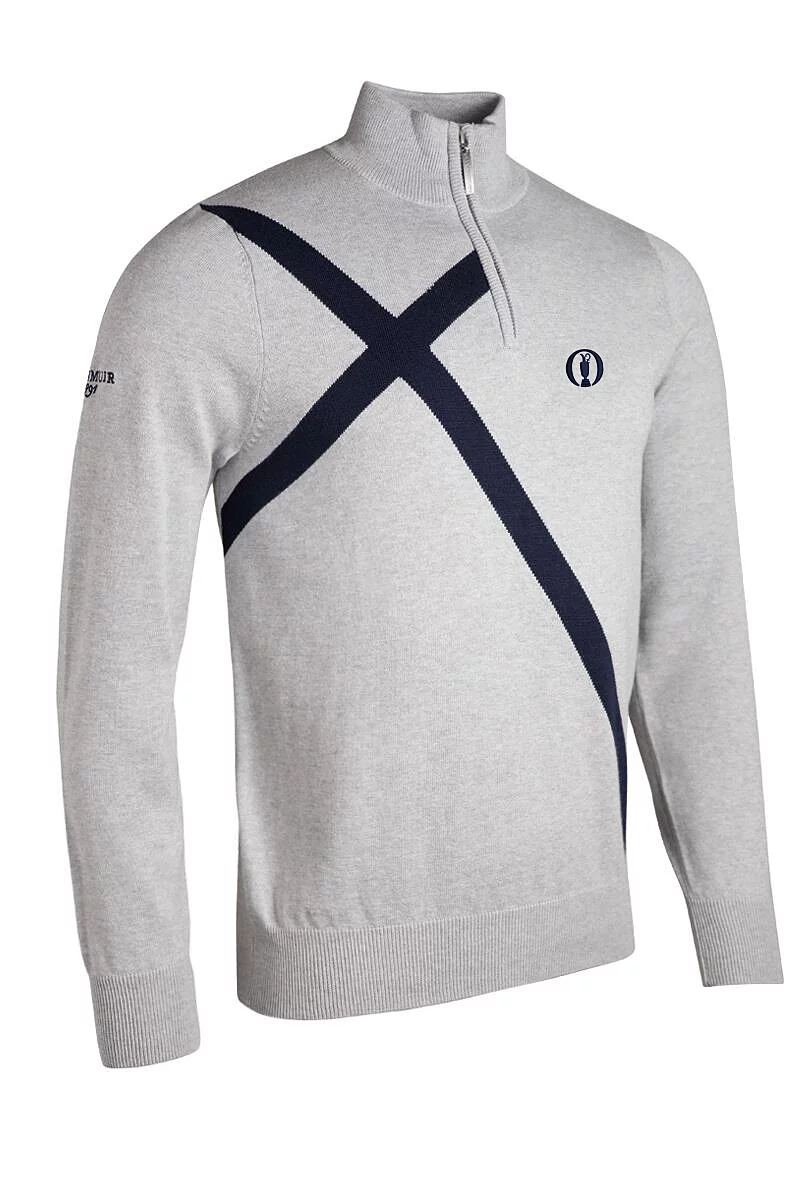 Official Ryder Cup 2027 Mens Quarter Zip Saltire Cross Cotton Lightweight Golf Sweater Light Grey Marl XXL