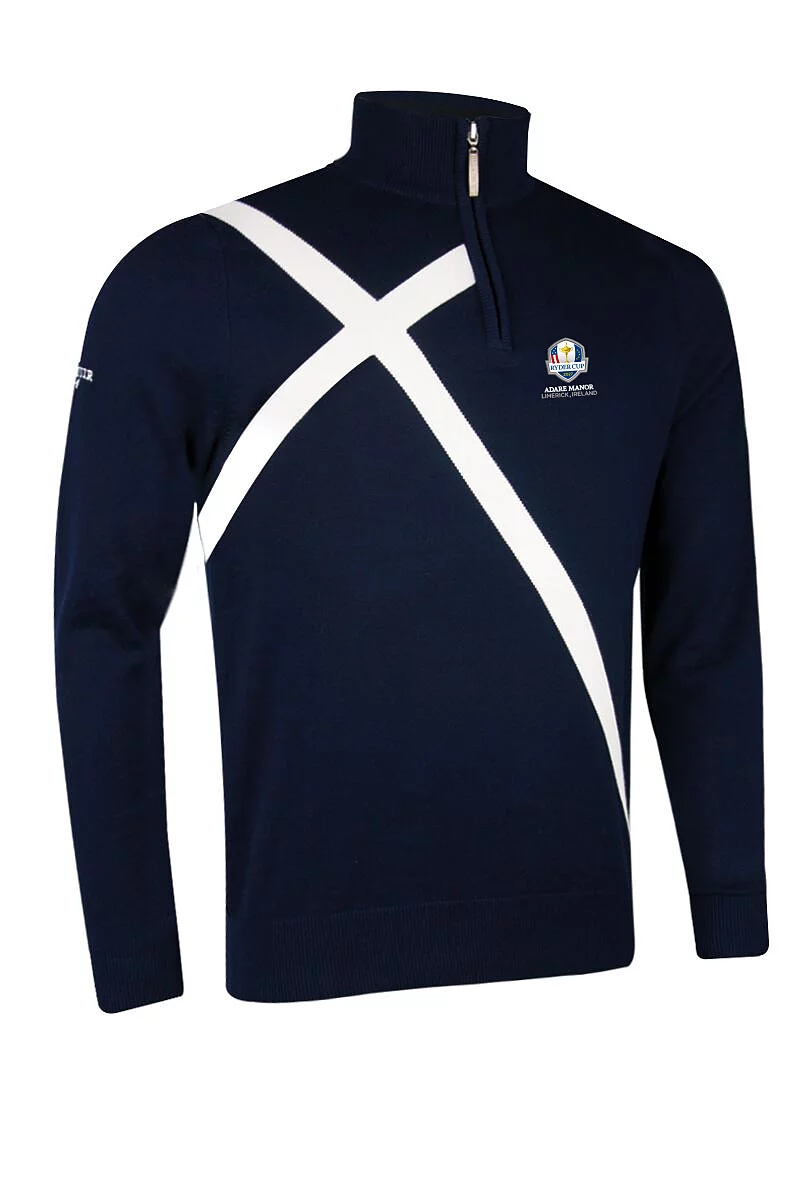 Official Ryder Cup 2027 Mens Quarter Zip Saltire Cross Cotton Lightweight Golf Sweater Navy XL