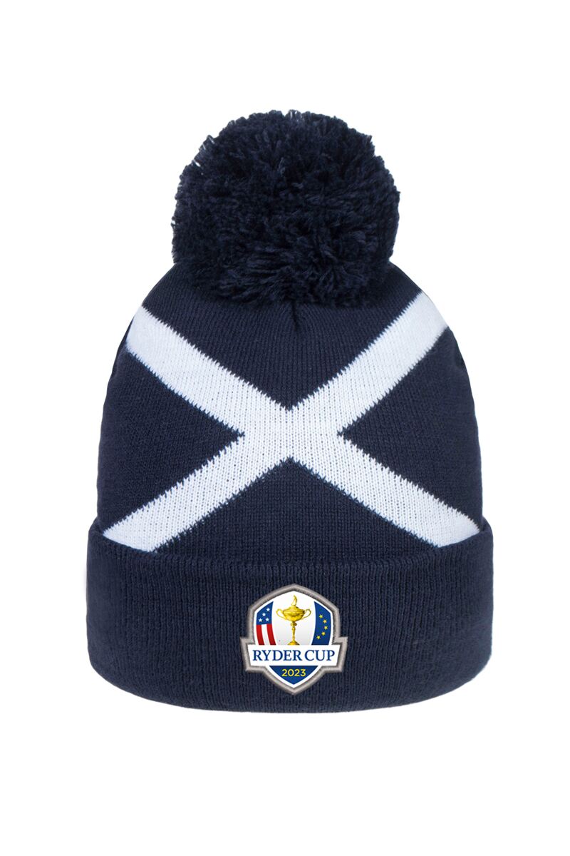 Official Ryder Cup 2025 Unisex Thermal Lined Saltire Golf Bobble Beanie Hat Navy/White One Size