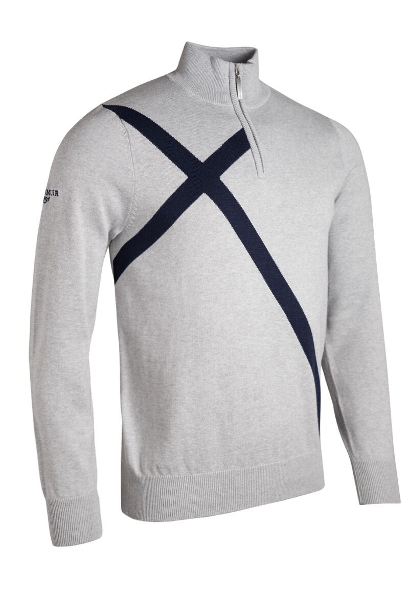 Mens Quarter Zip Saltire Cross Cotton Golf Sweater Light Grey Marl L