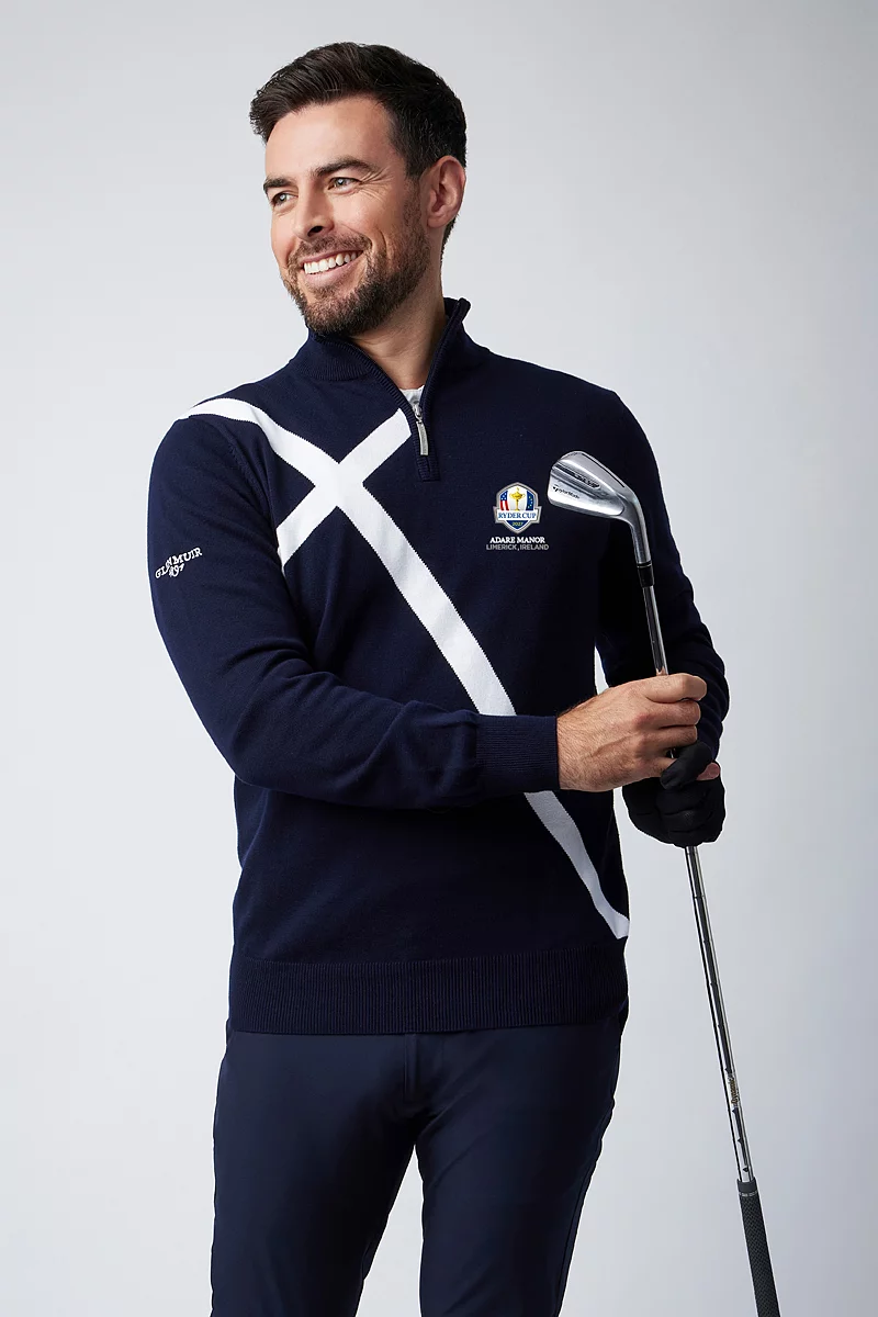 Official Ryder Cup 2027 Mens Quarter Zip Saltire Cross Cotton Lightweight Golf Sweater Official Ryder Cup 2027 Mens Quarter Zip Saltire Cross Cotton Lightweight Golf Sweater