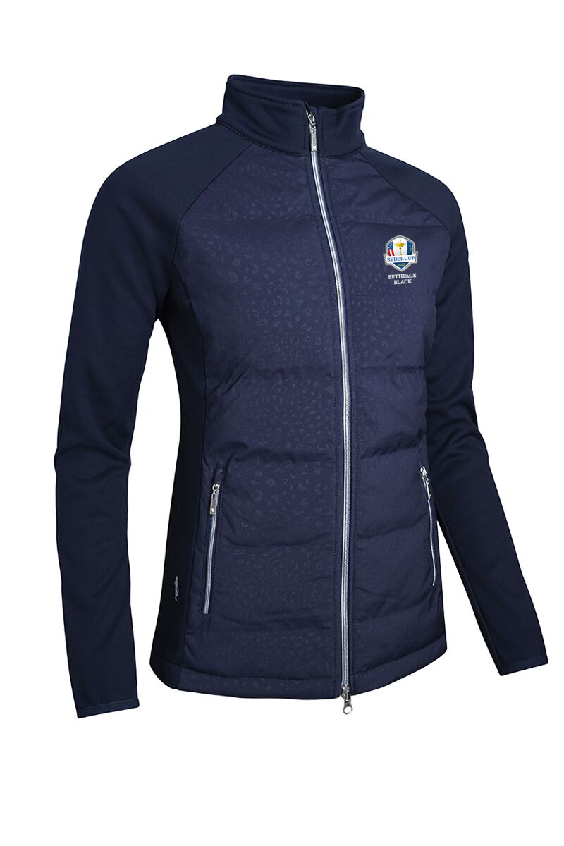 Official Ryder Cup 2025 Ladies Zip Front Bonded Padded Hybrid Down Golf Jacket Navy Animal Print S