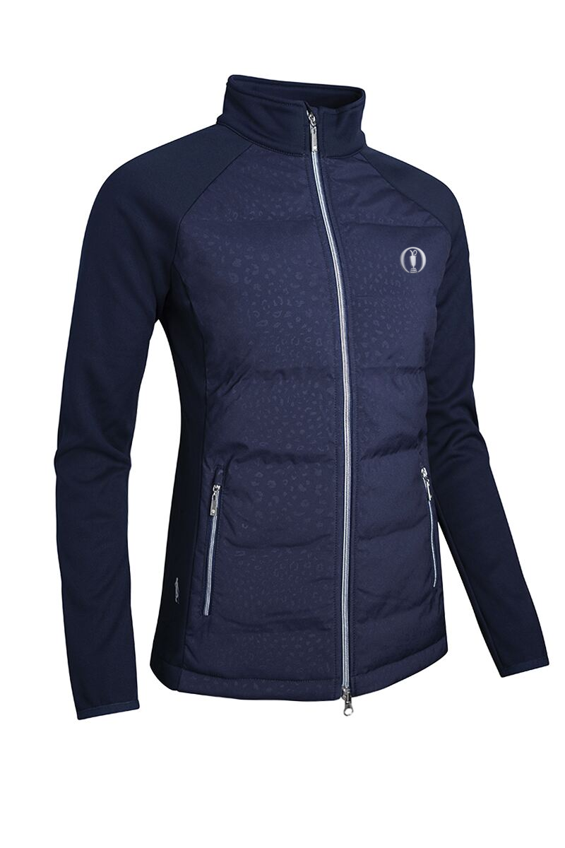 The Open Ladies Zip Front Bonded Padded Hybrid Down Golf Jacket Navy Animal Print S