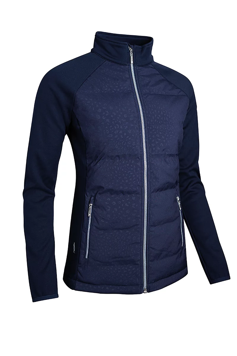 Ladies Full Zip Bonded Padded Hybrid Down Golf Jacket Sale Navy Animal Print S