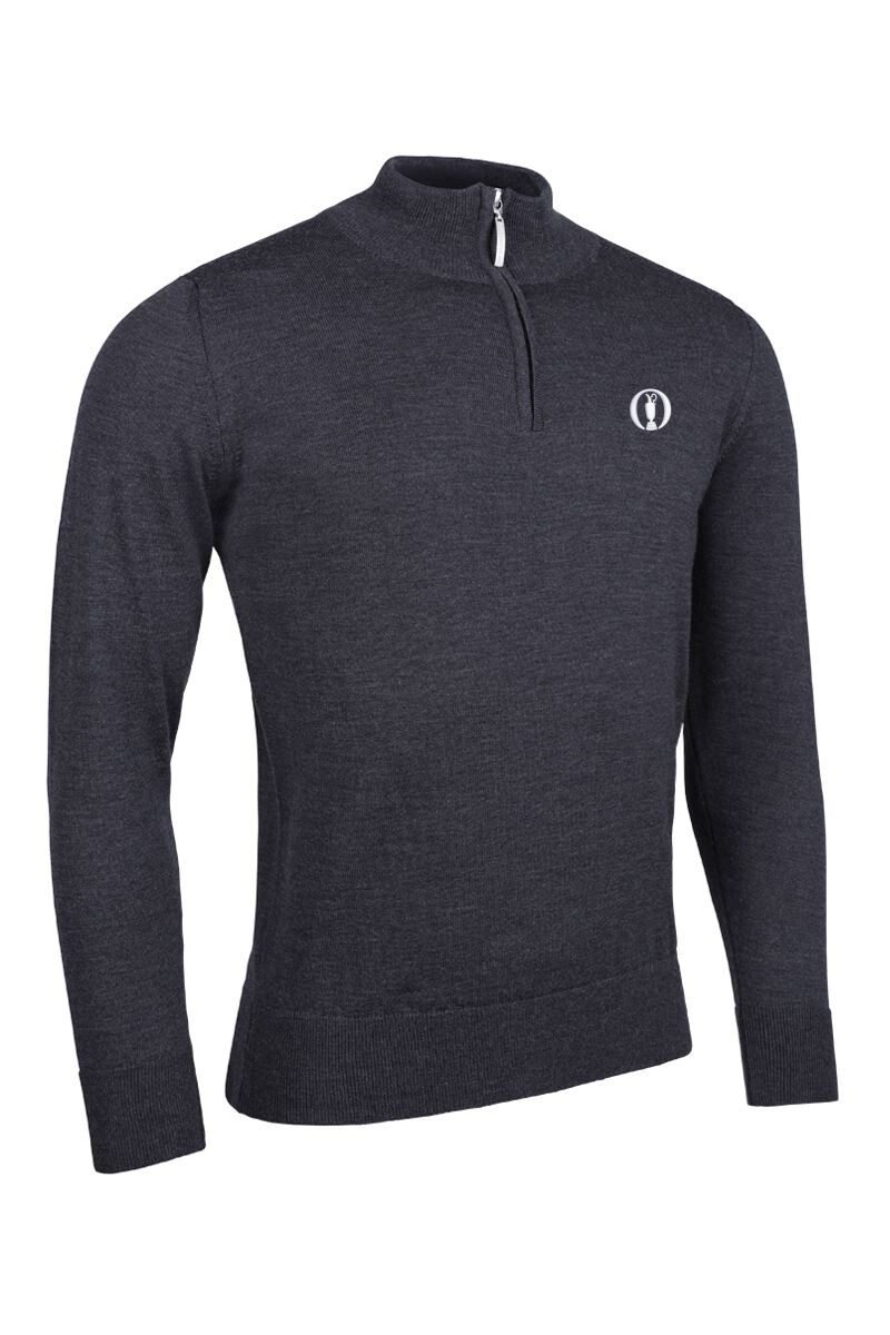 The Open Mens Quarter Zip Water Repellent Lightweight Lined Merino Blend Golf Sweater Charcoal L