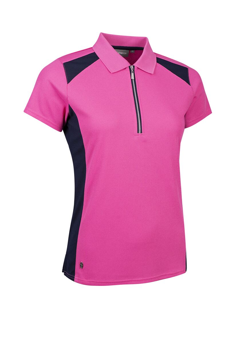 Ladies Contrast Panel Zip Performance Pique Golf Shirt Hot Pink/Navy M