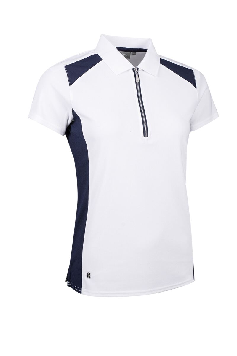 Ladies Contrast Panel Zip Performance Pique Golf Shirt White/Navy M