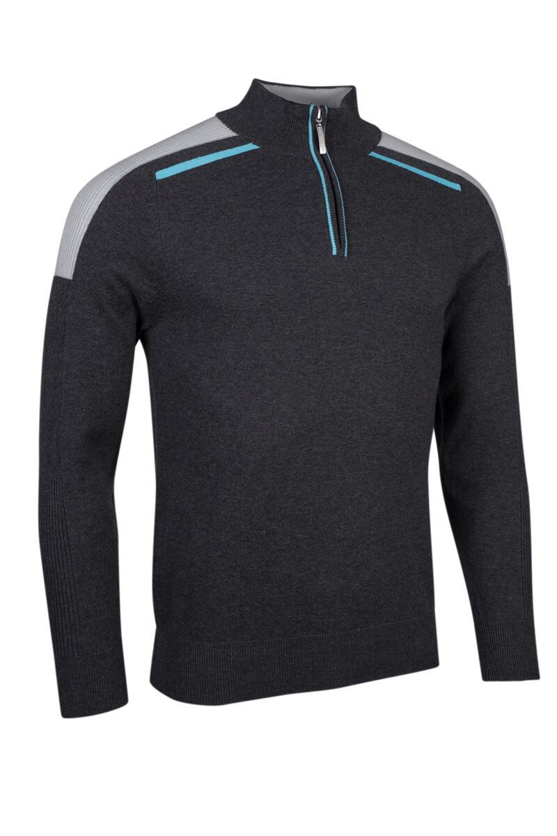 Mens Quarter Zip Ribbed Sleeve Cotton Golf Sweater Charcoal Marl/Light Grey Marl S
