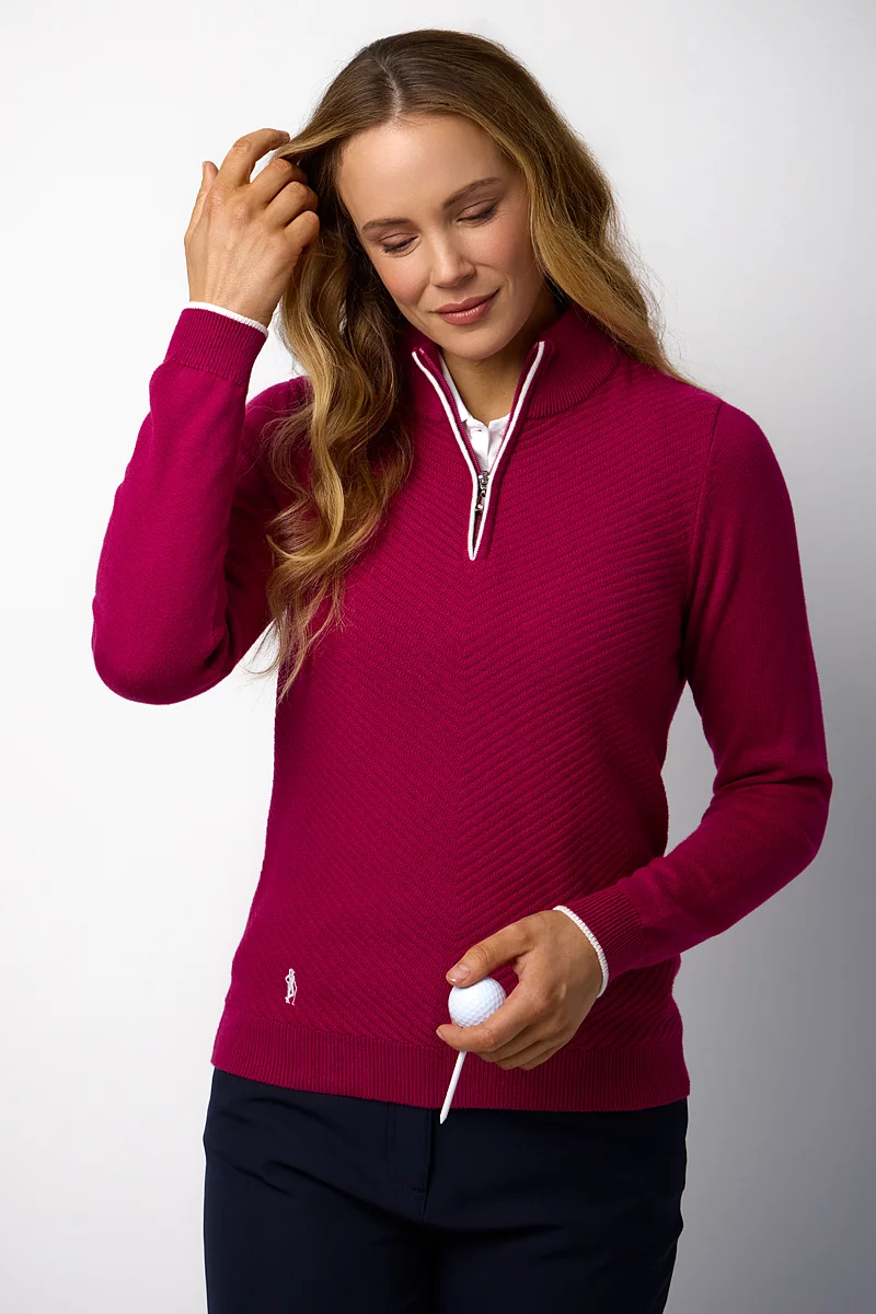 Ladies Quarter Zip Chevron Rib Midweight Merino Golf Sweater