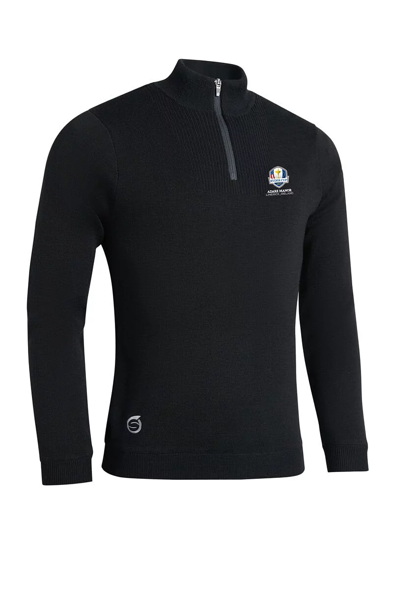 Official Ryder Cup 2027 Mens Quarter Zip Textured Chest Rib Panel Showerproof Merino Lined Golf Sweater Black/Gunmetal XXL