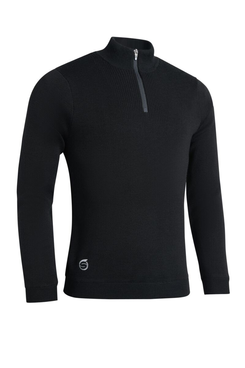 Mens Quarter Zip Textured Chest Rib Panel Showerproof Merino Lined Golf Sweater