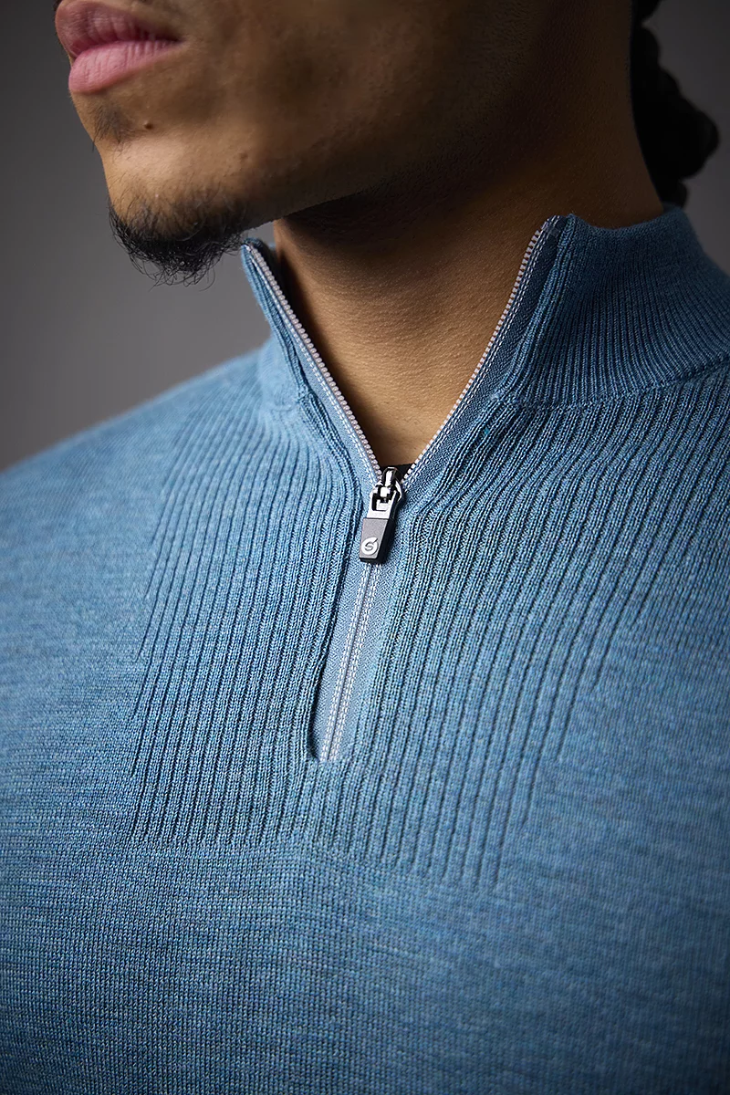 Mens Quarter Zip Textured Chest Rib Panel Showerproof Merino Lined Golf Sweater