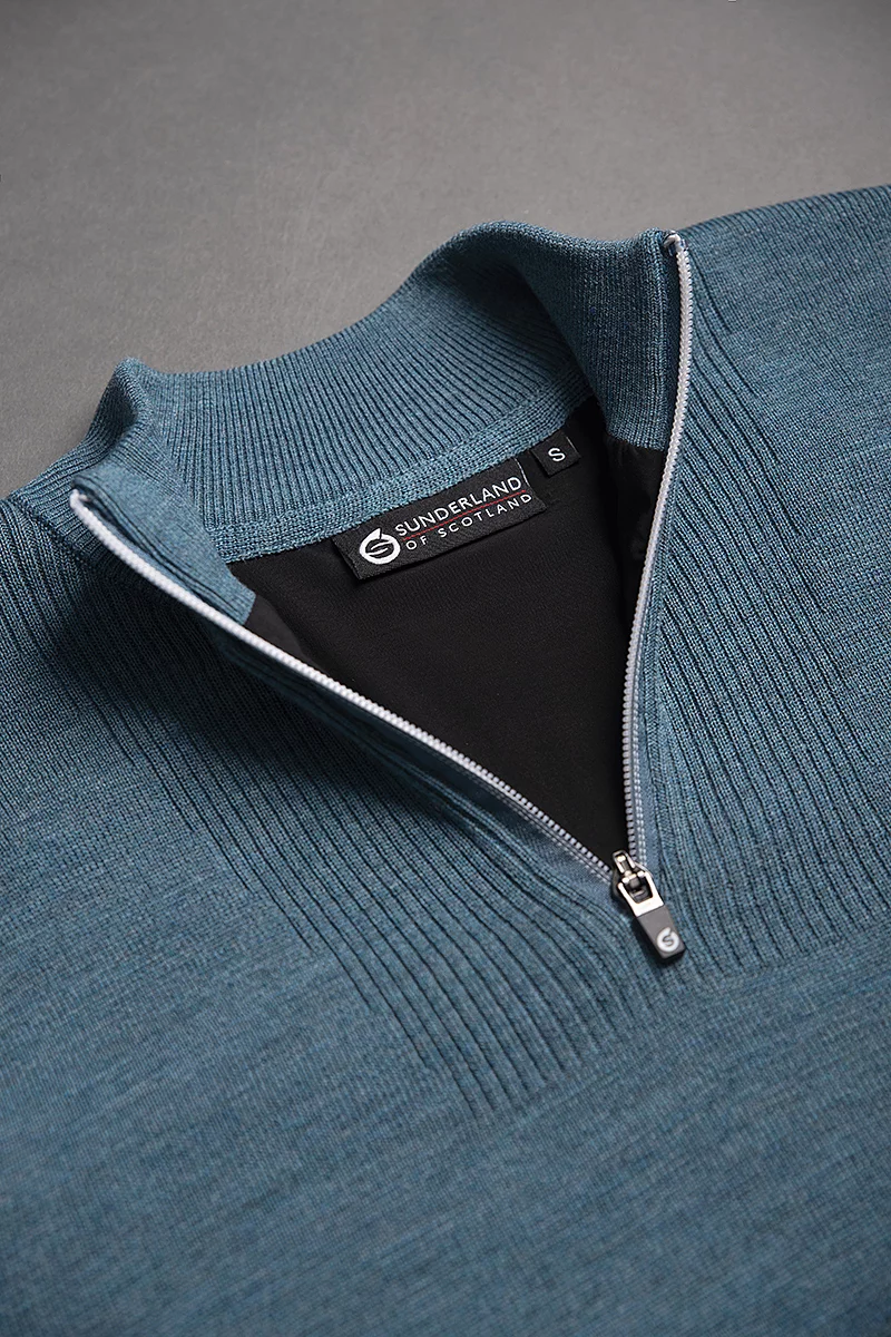 Mens Quarter Zip Textured Chest Rib Panel Showerproof Merino Lined Golf Sweater