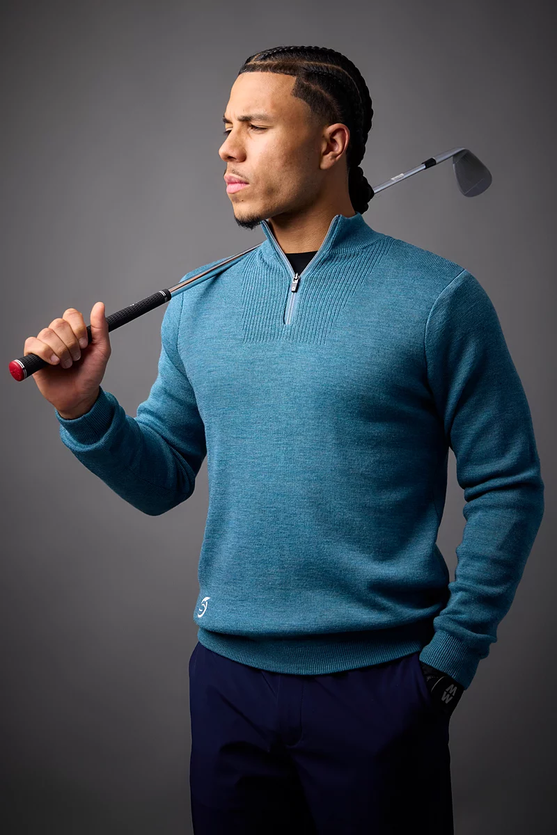 Mens Quarter Zip Textured Chest Rib Panel Showerproof Merino Lined Golf Sweater