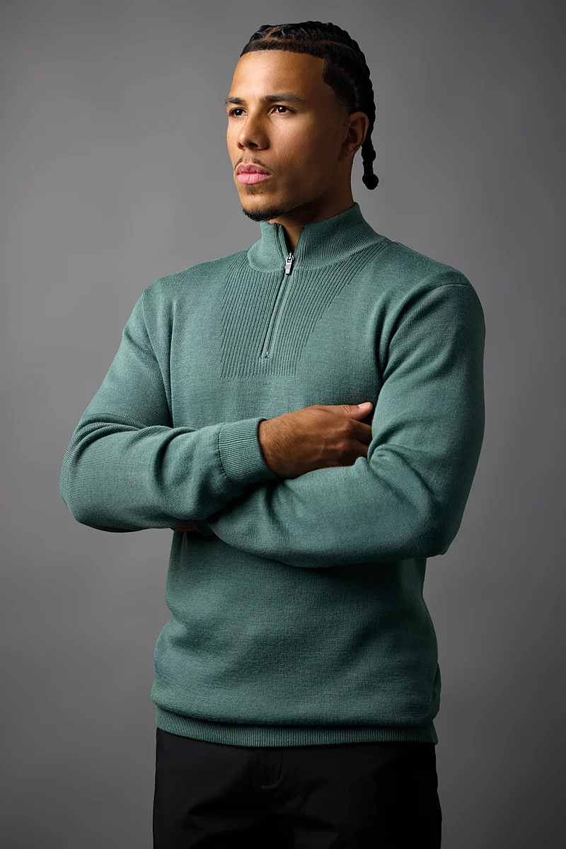 Mens Quarter Zip Textured Chest Rib Panel Showerproof Merino Lined Golf Sweater