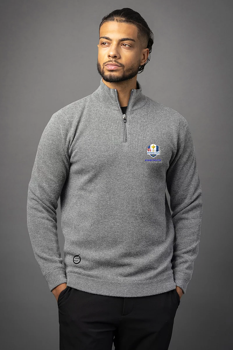 Official Ryder Cup 2027 Mens Quarter Zip Textured Chest Rib Panel Showerproof Merino Lined Golf Sweater Official Ryder Cup 2027 Mens Quarter Zip Textured Chest Rib Panel Showerproof Merino Lined Golf Sweater