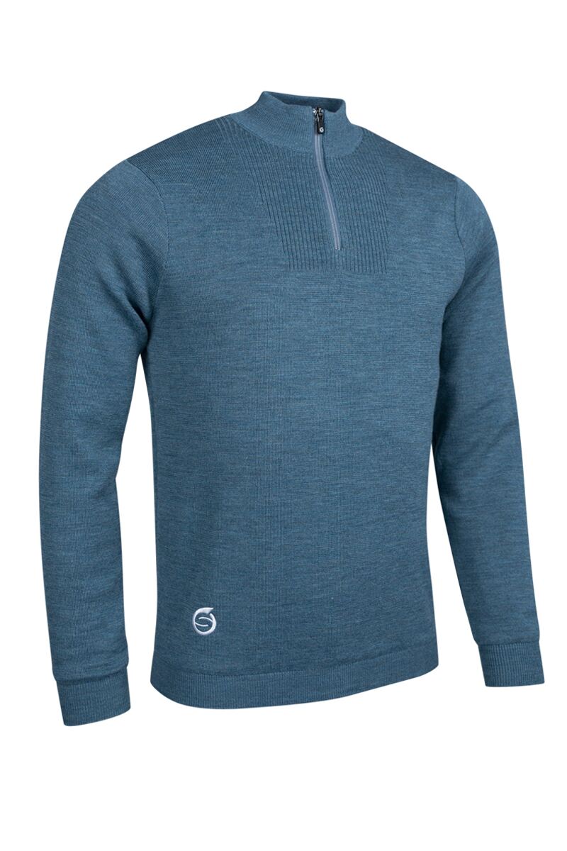 Mens Quarter Zip Textured Chest Rib Panel Showerproof Merino Lined Golf Sweater