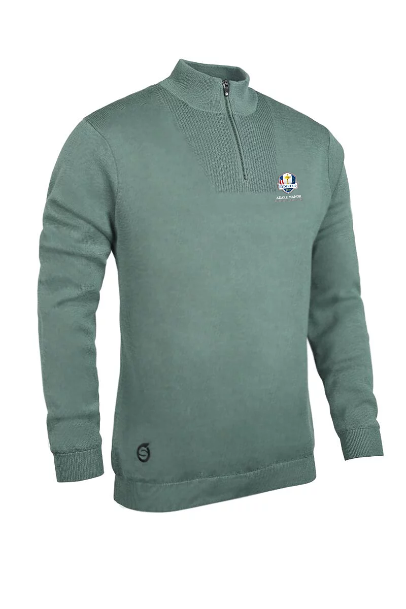 Official Ryder Cup 2027 Mens Quarter Zip Textured Chest Rib Panel Showerproof Merino Lined Golf Sweater Pine Green/Black XXL