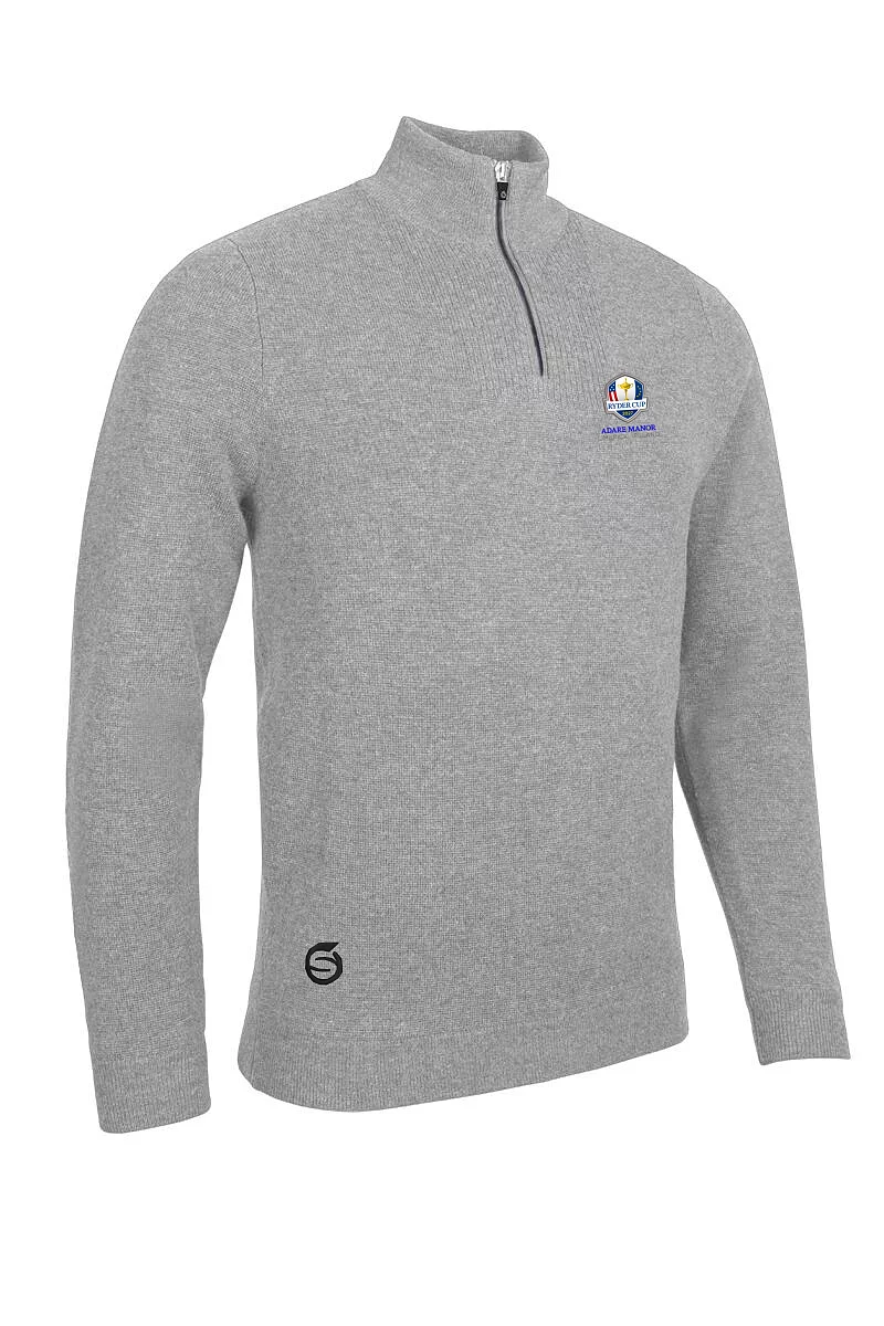 Official Ryder Cup 2027 Mens Quarter Zip Textured Chest Rib Panel Showerproof Merino Lined Golf Sweater Silver/Black S