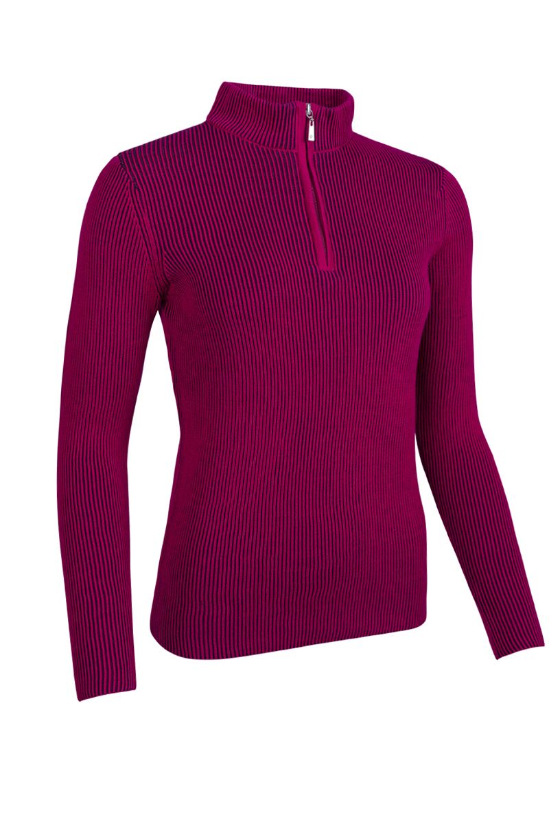 Ladies Quarter Zip Two Tone Rib Cotton Lightweight Golf Sweater
