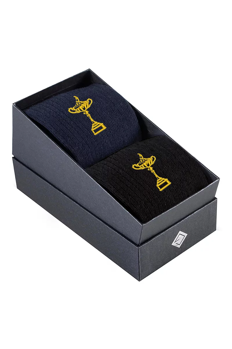 Official Ryder Cup Trophy Mens Cotton Crew Golf Socks Gift Box Navy & Black 6-11 Official Ryder Cup Trophy Mens Cotton Crew Golf Socks Gift Box Navy & Black 6-11