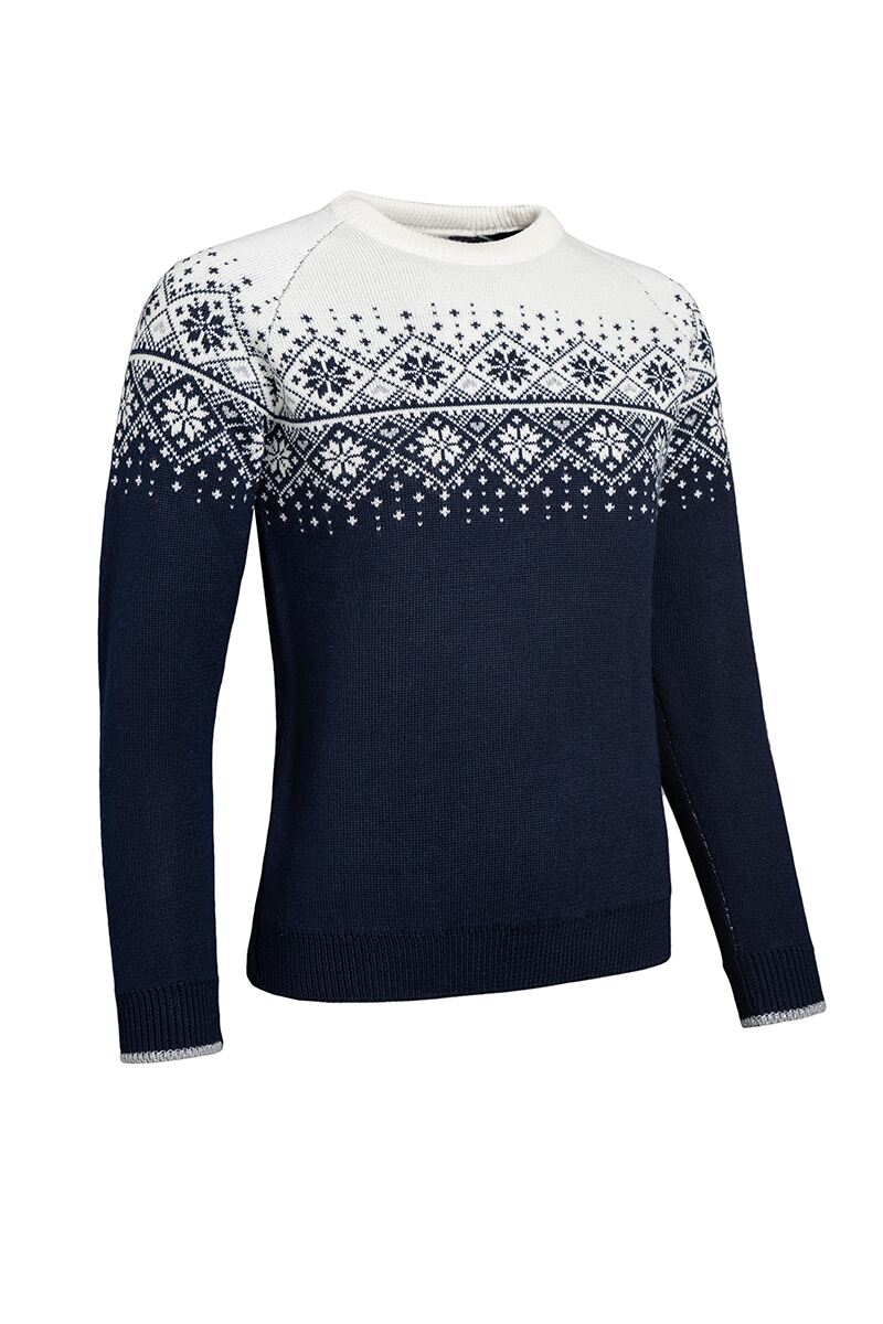 Ladies Round Neck Fairisle Snowflake Merino Blend Christmas Sweater Navy/White/Silver Lurex S