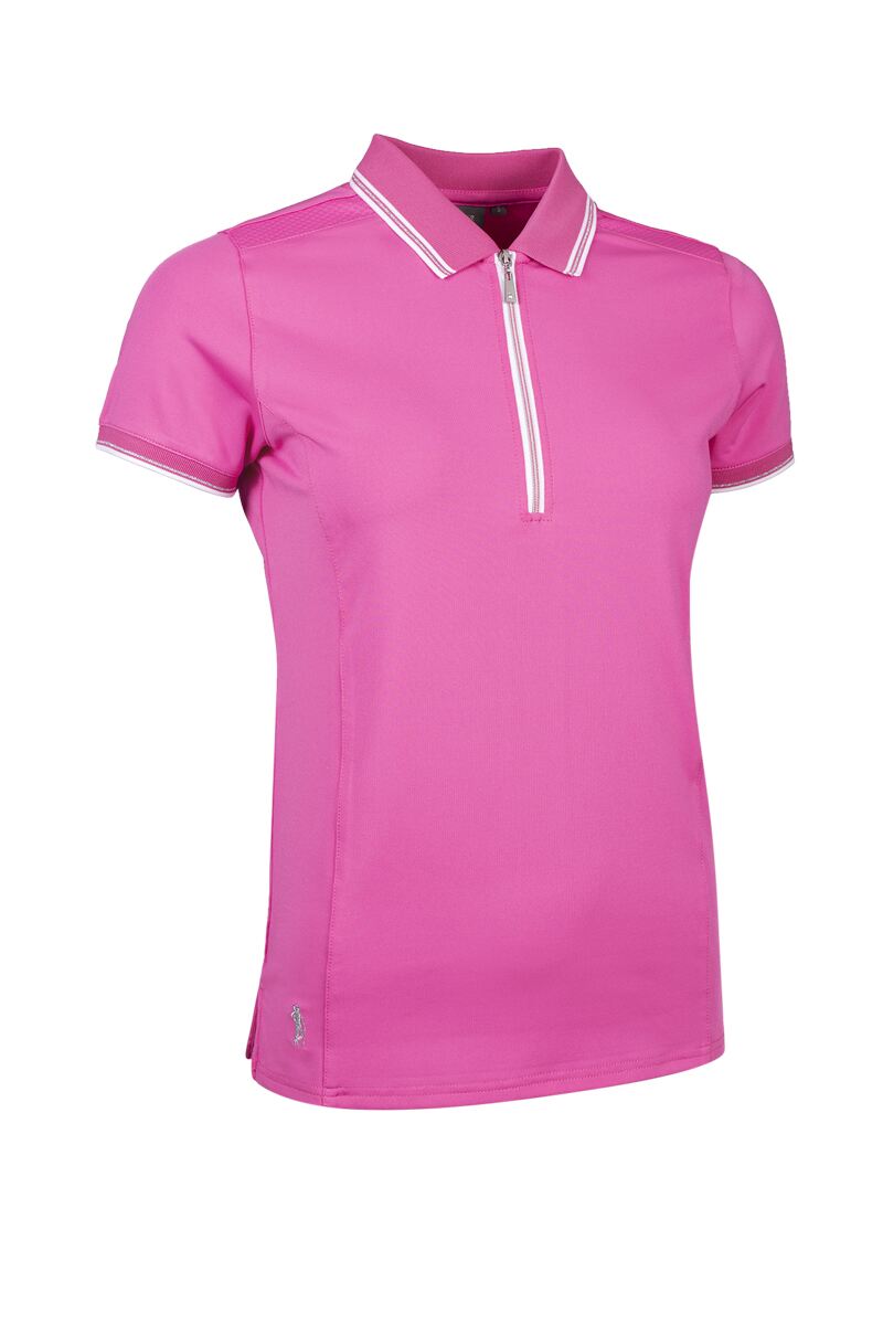 Ladies Mesh Panel Performance Golf Shirt Hot Pink/White L