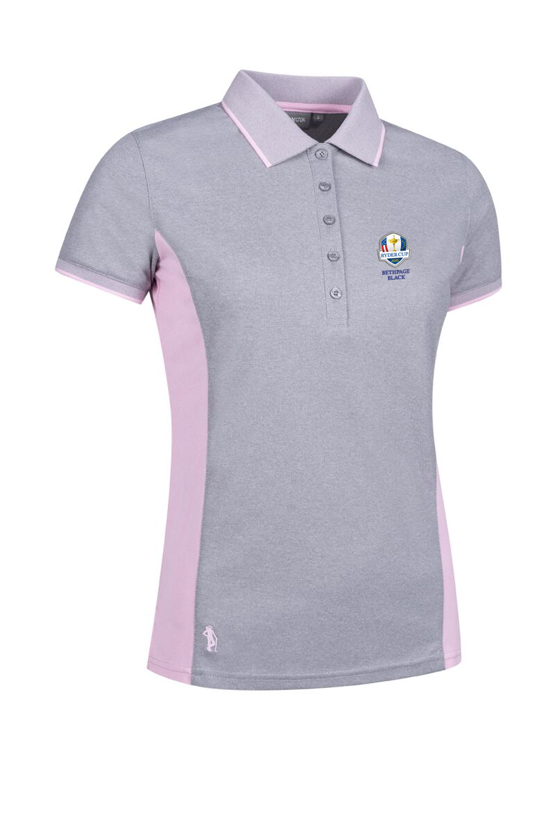Official Ryder Cup 2025 Ladies Birdseye Collar and Cuff Performance Pique Golf Polo Light Grey Marl/Candy M