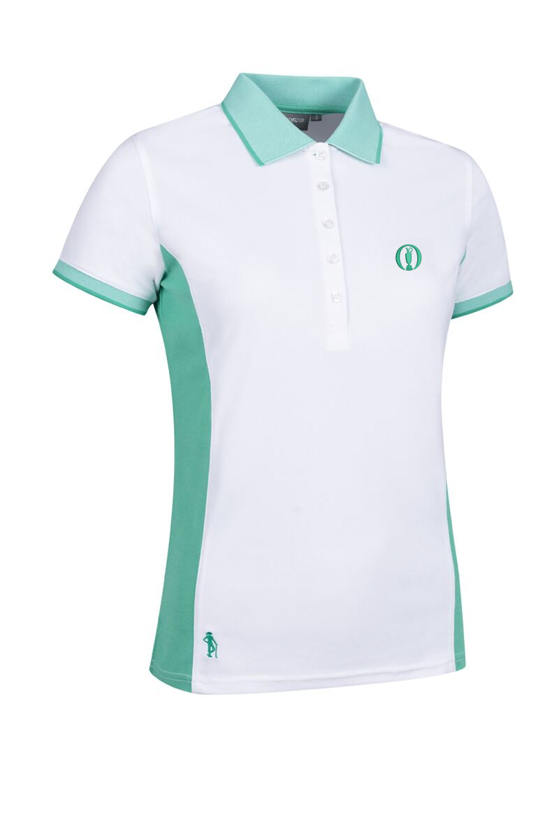 The Open Ladies Birdseye Collar and Cuff Performance Pique Golf Polo White/Marine Green L