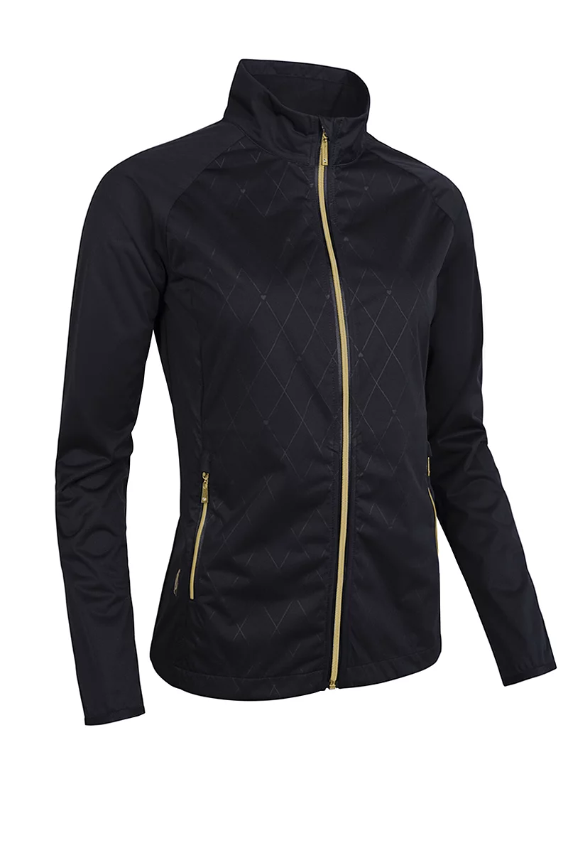 Official Ryder Cup 2027 Ladies Full Zip Lightweight Stretch Water Repellent Golf Jacket Black Diamond Print/Gold XXL