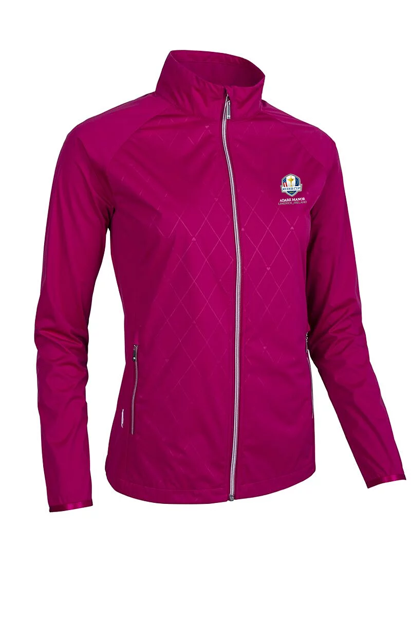 Official Ryder Cup 2027 Ladies Full Zip Lightweight Stretch Water Repellent Golf Jacket Raspberry Diamond Print/Silver L