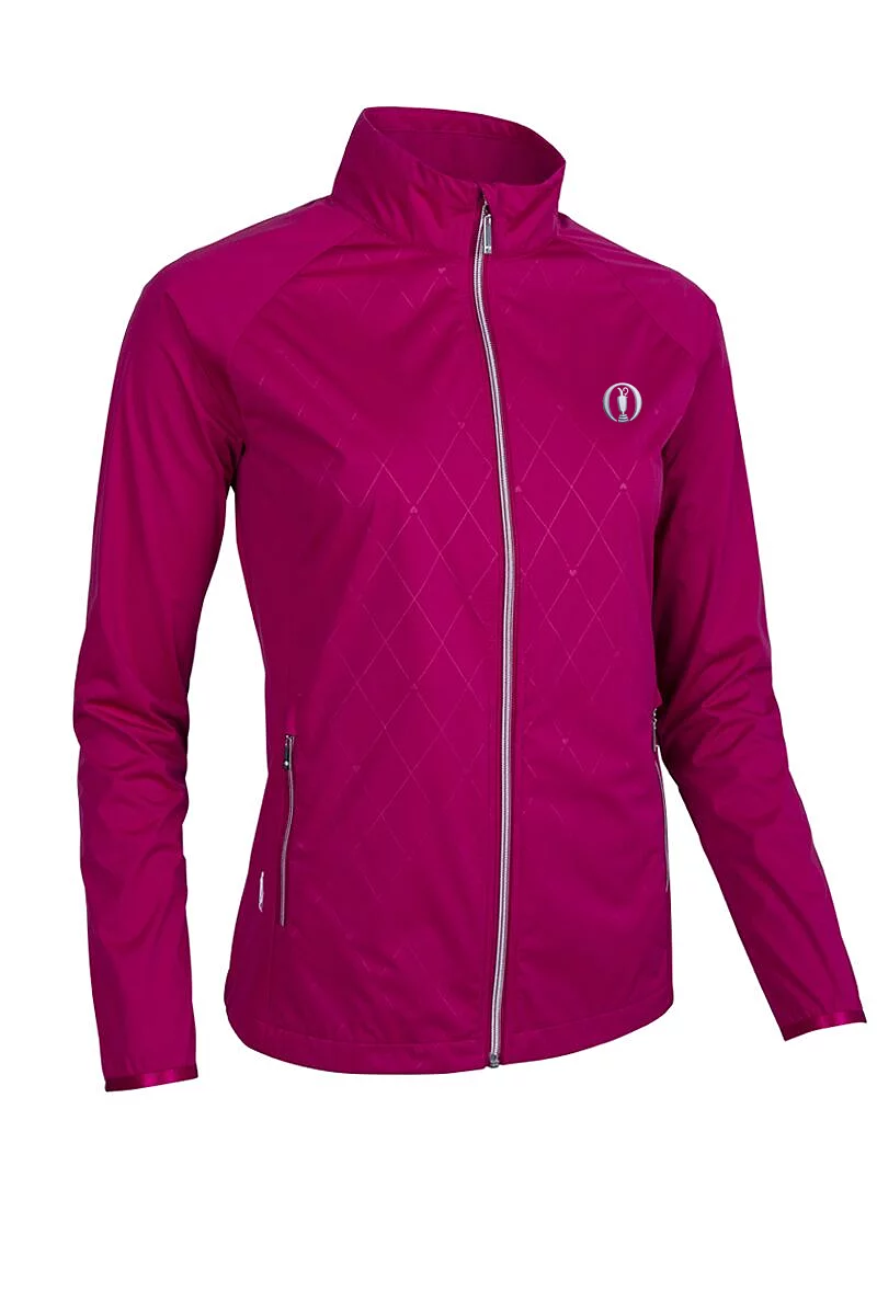 Official Ryder Cup 2027 Ladies Full Zip Lightweight Stretch Water Repellent Golf Jacket Raspberry Diamond Print/Silver XXL