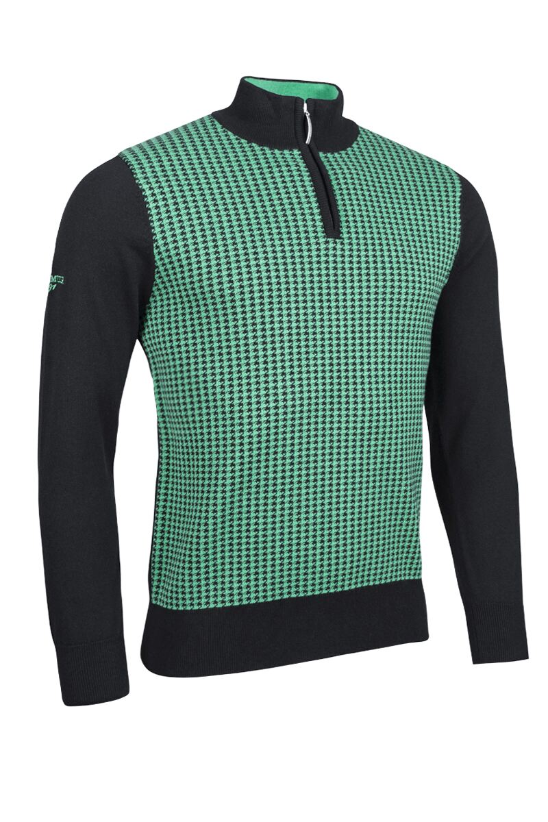 Mens Quarter Zip Houndstooth Camo Cotton Golf Sweater Sale Black/Marine Green S