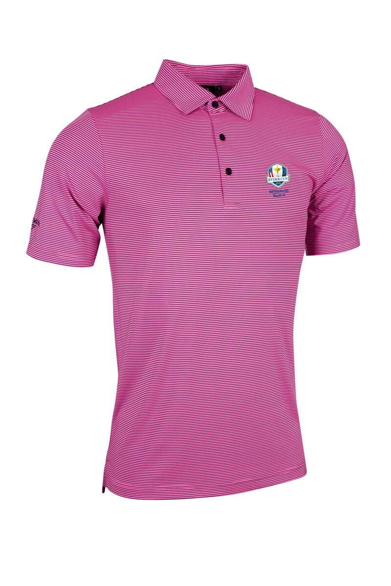 Official Ryder Cup 2025 Mens Micro Stripe Performance Golf Polo Shirt Hot Pink/Navy S