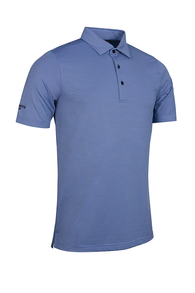 Official Ryder Cup 2027 Mens Micro Stripe Performance Golf Polo Shirt Light Blue/Navy XXL