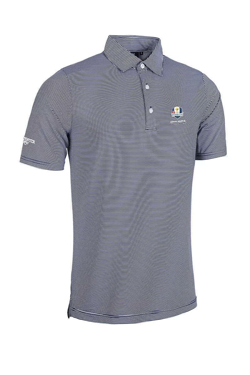 Official Ryder Cup 2027 Mens Micro Stripe Performance Golf Polo Shirt Navy/White XL