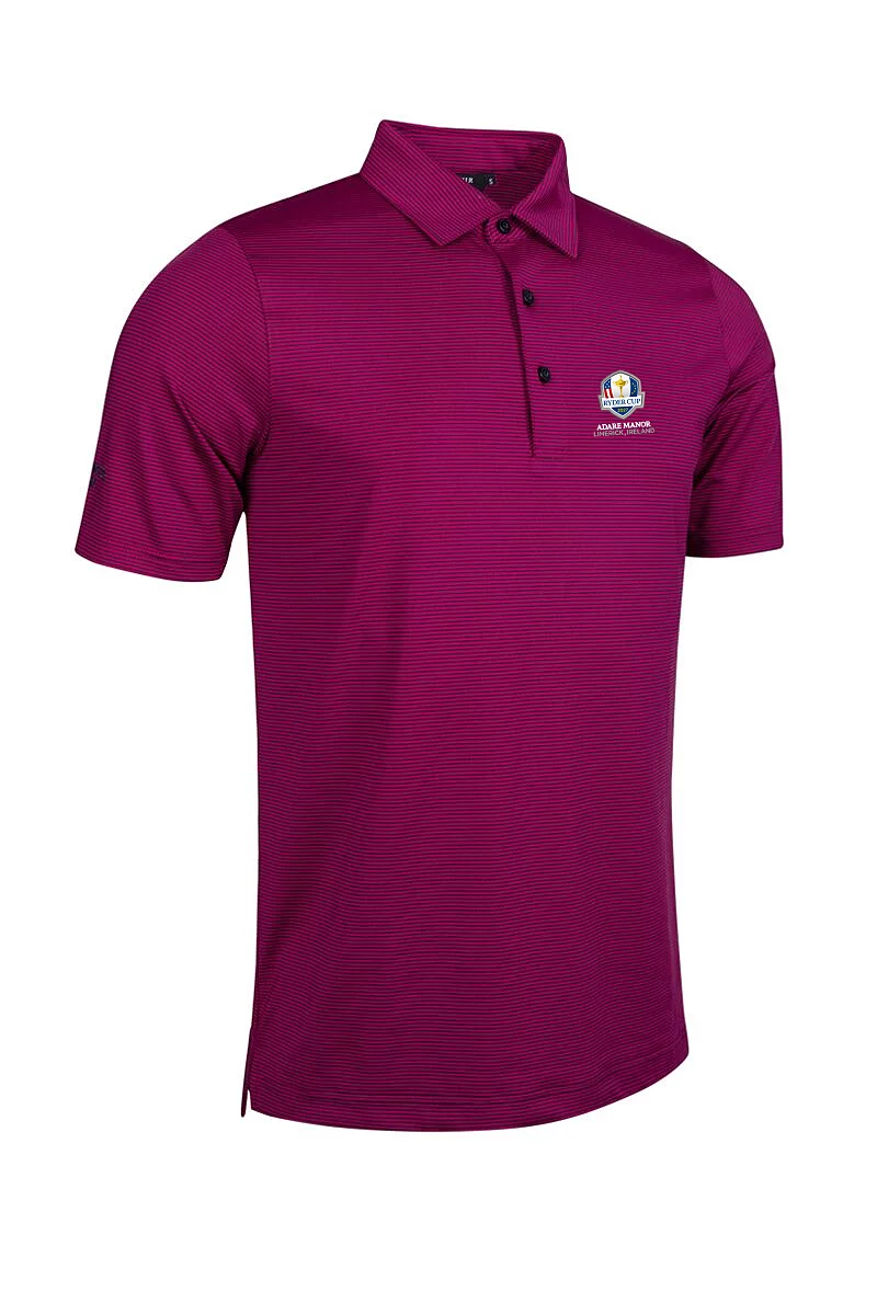 Official Ryder Cup 2027 Mens Micro Stripe Performance Golf Polo Shirt Raspberry/Navy S