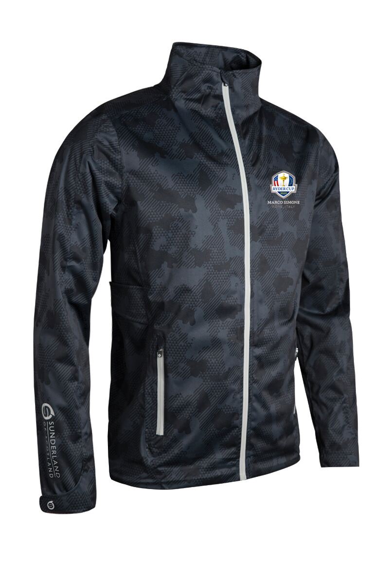Official Ryder Cup 2025 Mens Whisperdry Lightweight Waterproof Golf Jacket Black Camo/Silver XL