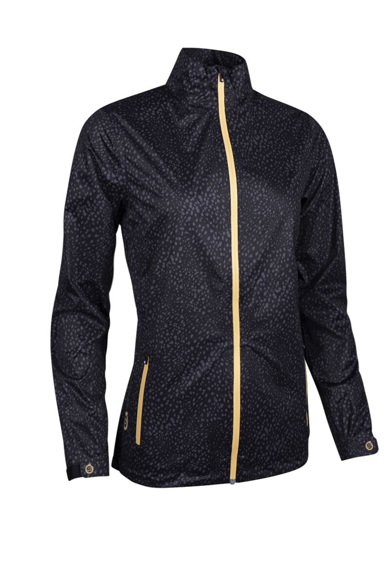 Ladies Whisperdry Lightweight Waterproof Golf Jacket - 50% Off Black Friday Black Cheetah/Gold L