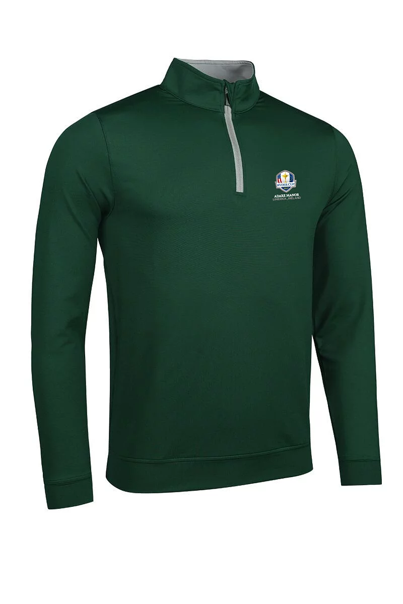Official Ryder Cup 2027 Mens Quarter Zip Lightweight Performance Golf Midlayer Bottle Green/Light Grey L