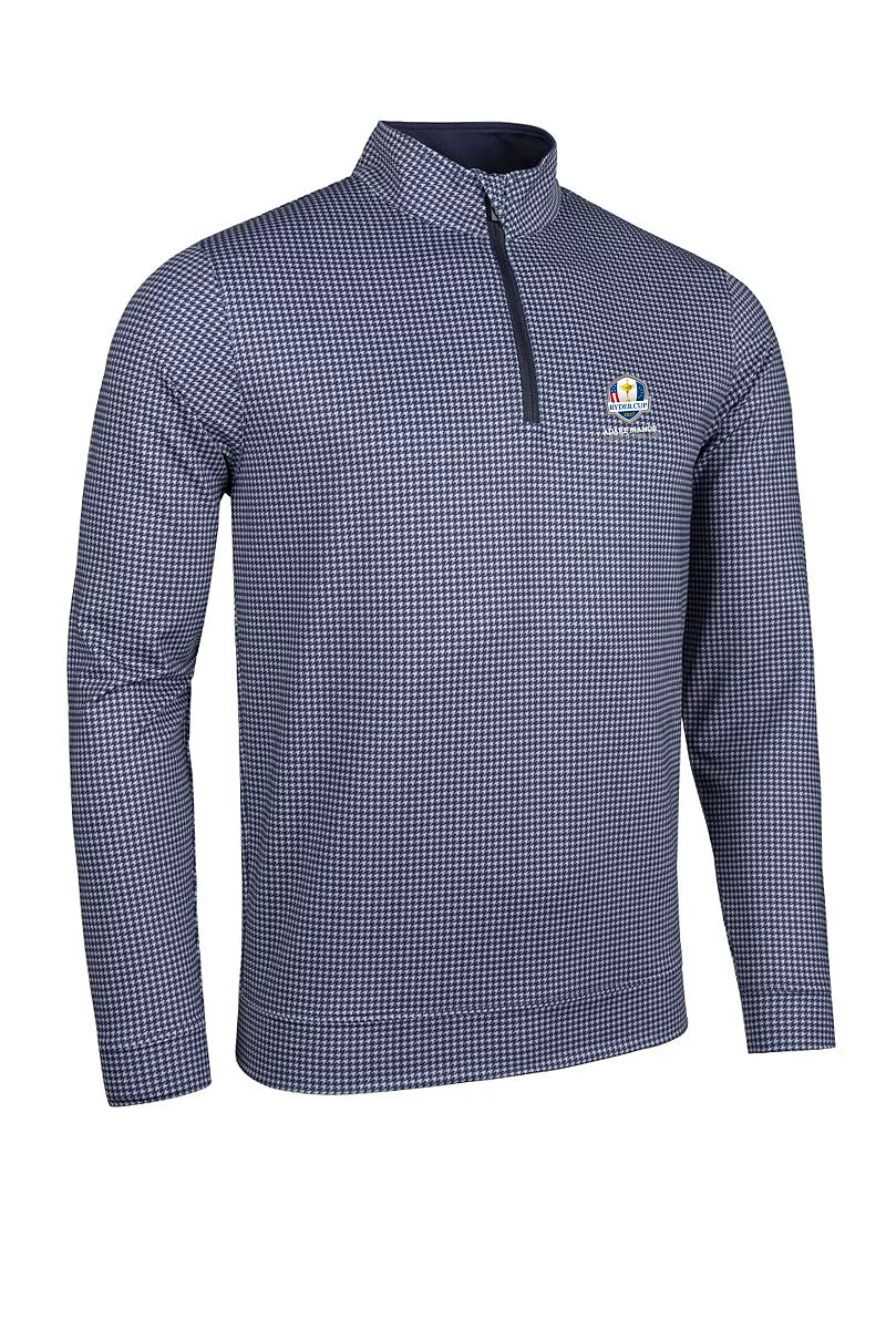 Official Ryder Cup 2027 Mens Quarter Zip Lightweight Performance Golf Midlayer Light Grey/Navy Houndstooth M