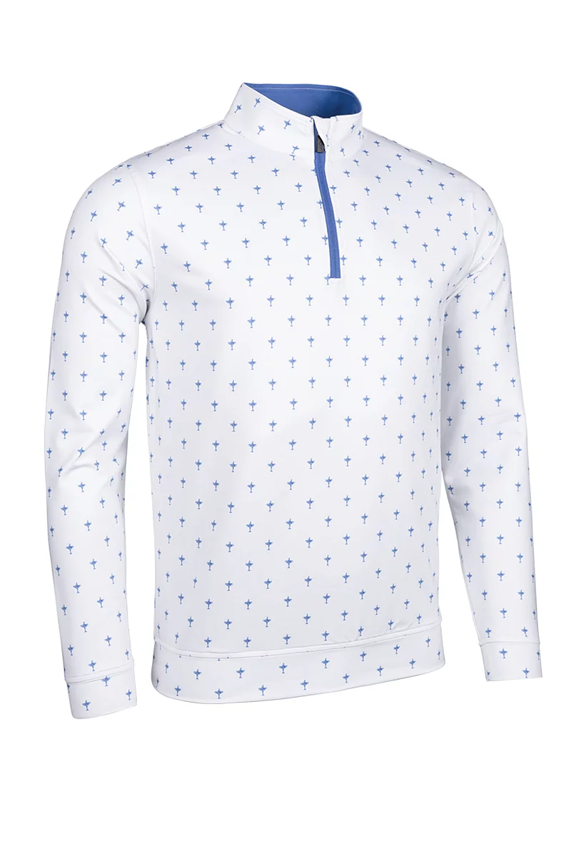 Official Ryder Cup 2027 Mens Quarter Zip Lightweight Performance Golf Midlayer White/Tahiti Trophy Print M