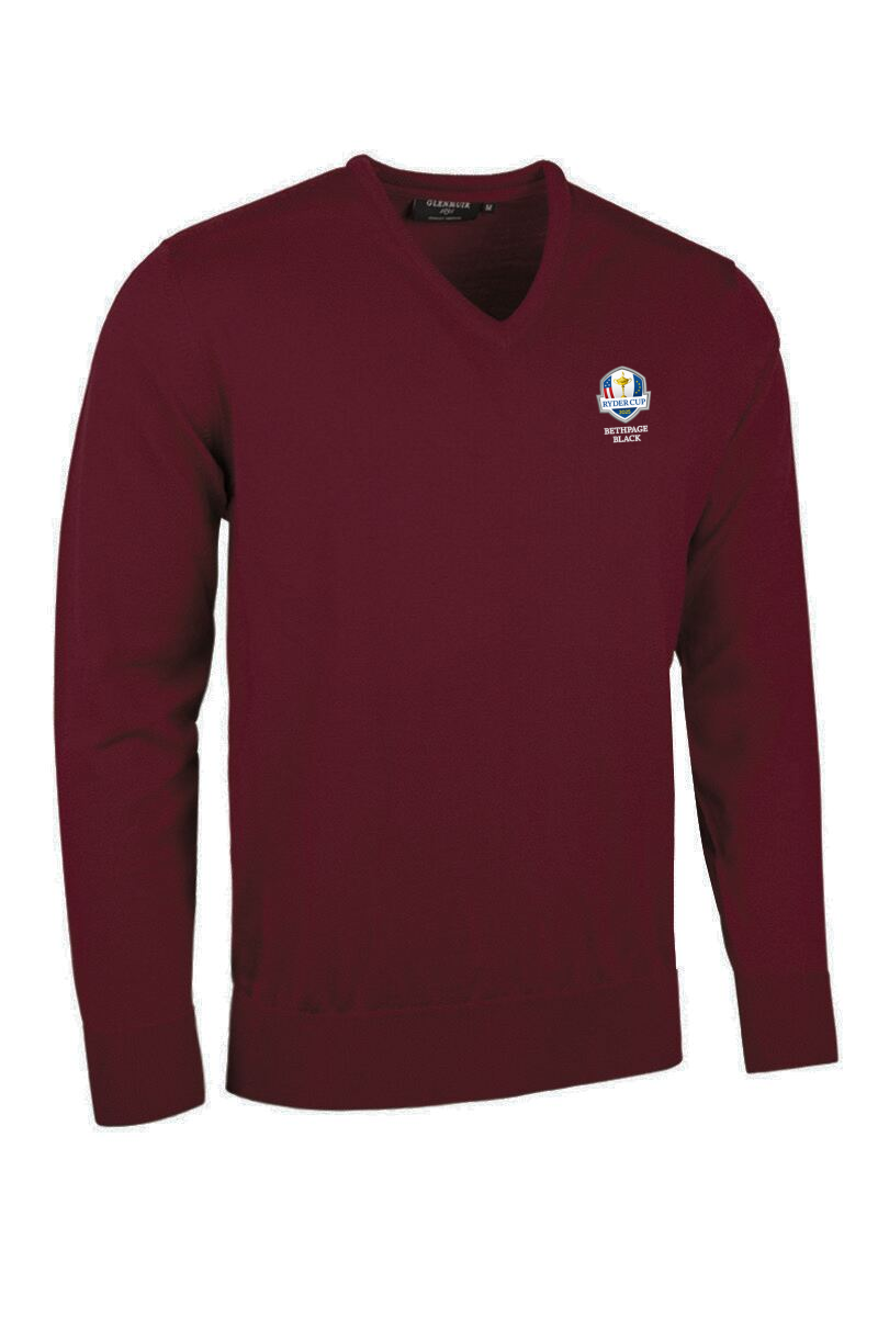 Official Ryder Cup 2025 Mens V Neck Merino Wool Golf Sweater Bordeaux XL