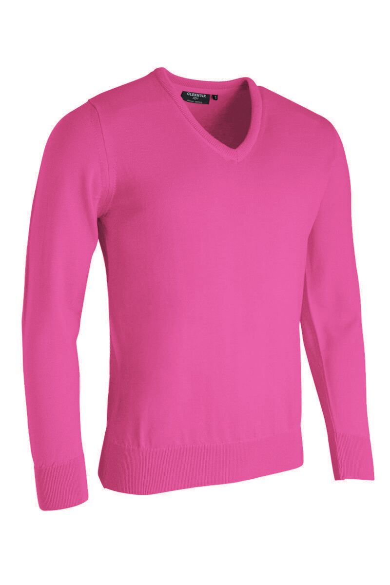 Mens V Neck Merino Wool Golf Sweater Hot Pink L