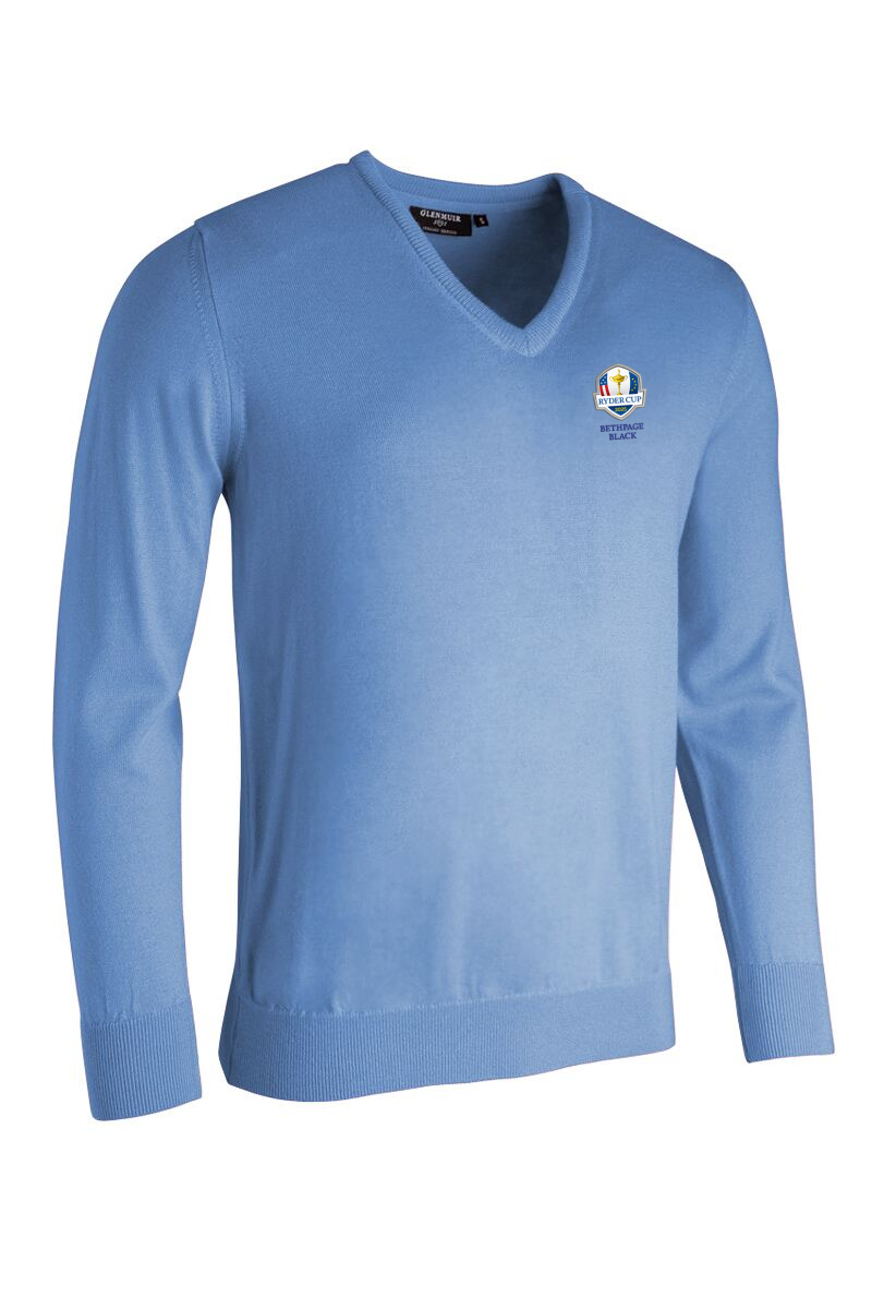 Official Ryder Cup 2025 Mens V Neck Merino Wool Golf Sweater Light Blue S